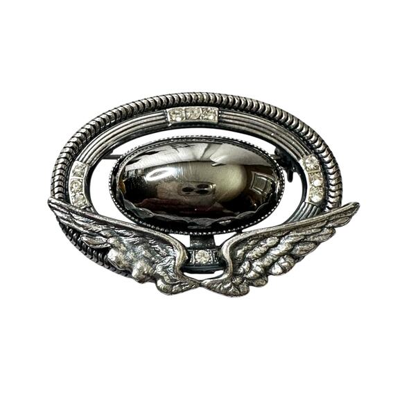 Vintage Ermani Bulatti Brooch Reflective Metal Pin Clear Rhinestones Wings - Picture 2 of 8